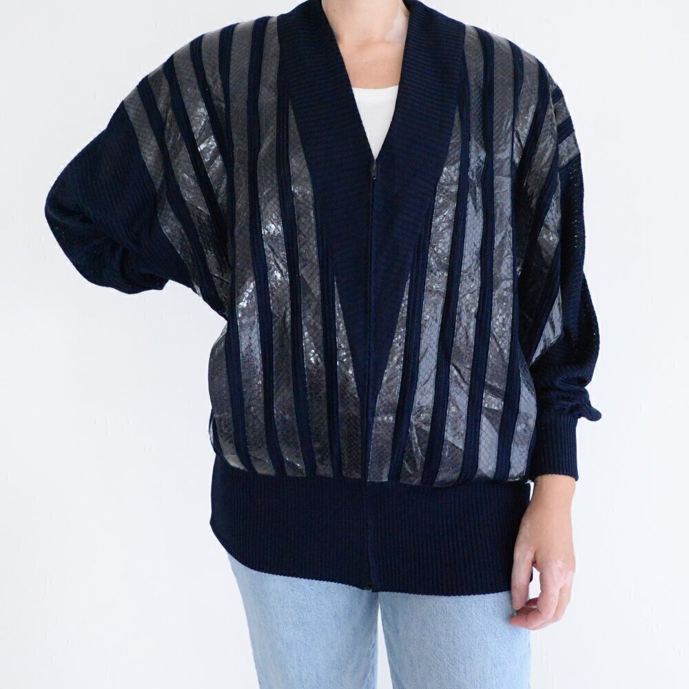Vintage Beltrami Navy 100% Silk Zip Up Cardigan w Shoulder Pad Sweater L